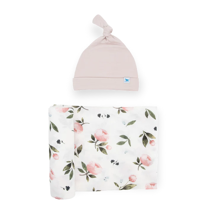 Stretch Knit Swaddle and Hat - Watercolor Rose