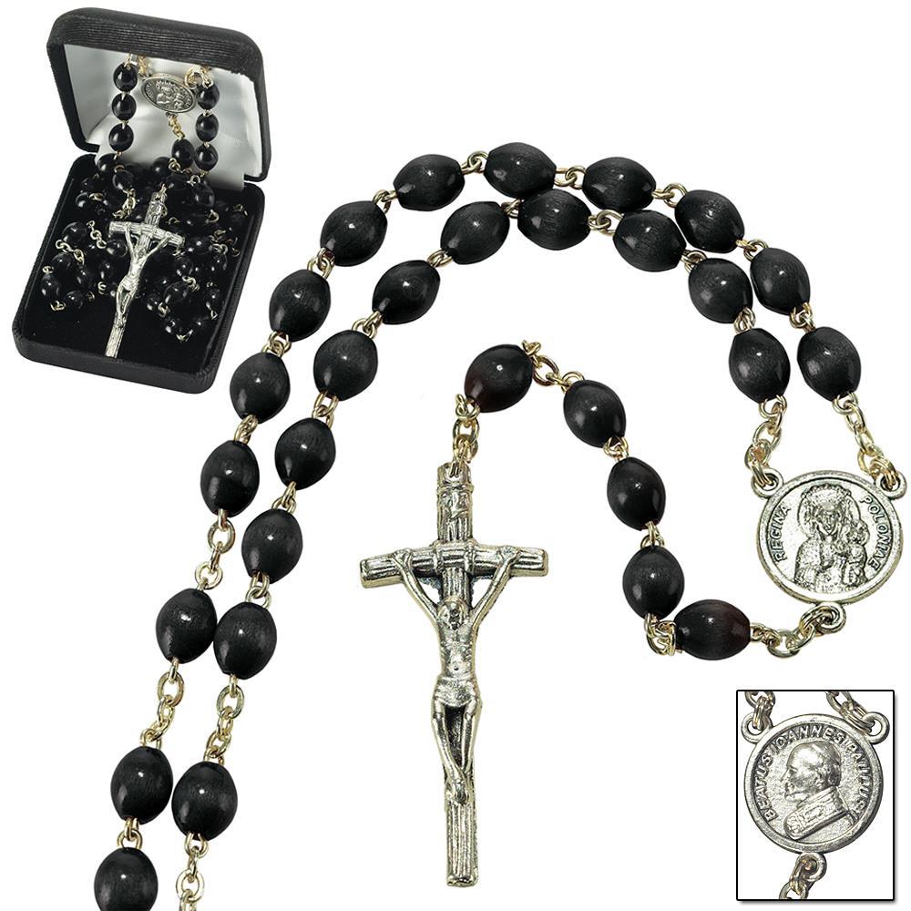 Black Oval Wood Rosary with Pope in center